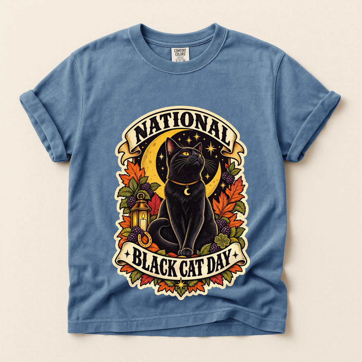 National Black Cat Day graphic tee in Blue Jean, flat lay