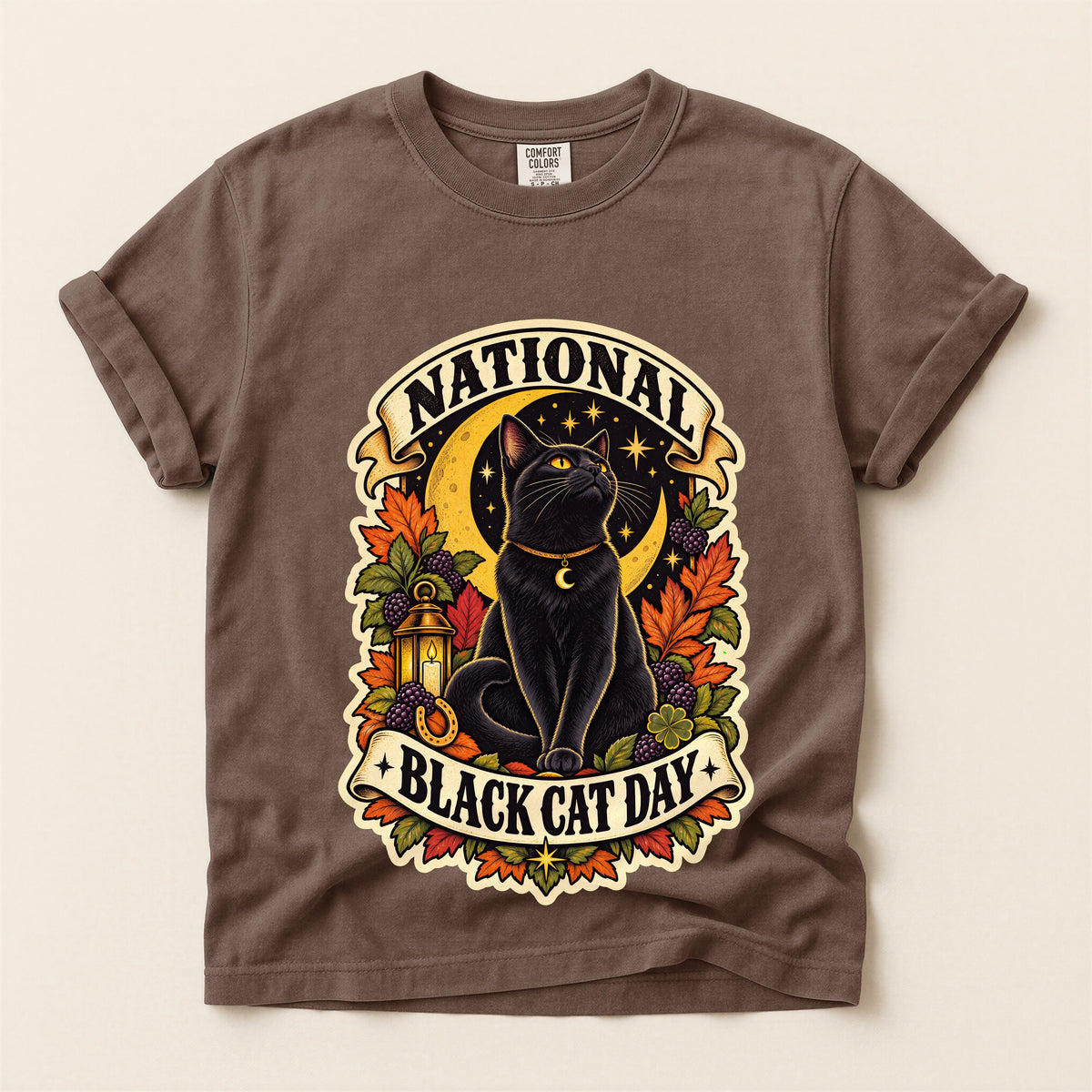 National Black Cat Day graphic tee in Espresso, flat lay