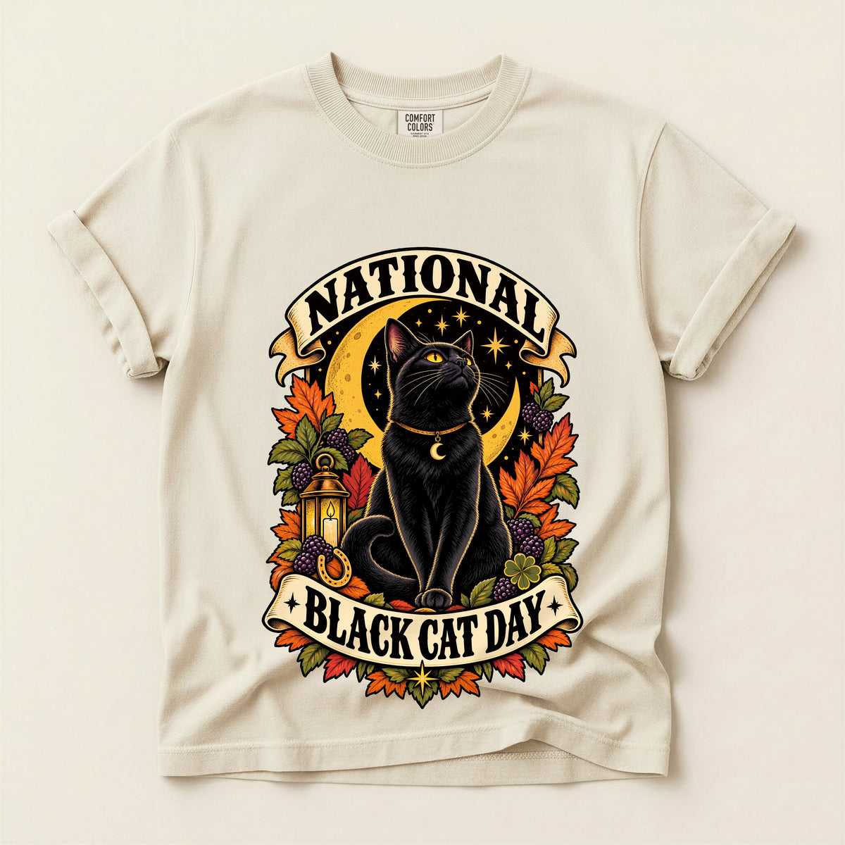 National Black Cat Day graphic tee in Ivory, flat lay