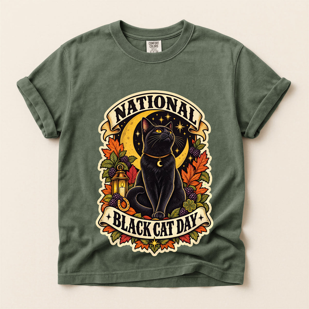 National Black Cat Day graphic tee in Moss, flat lay