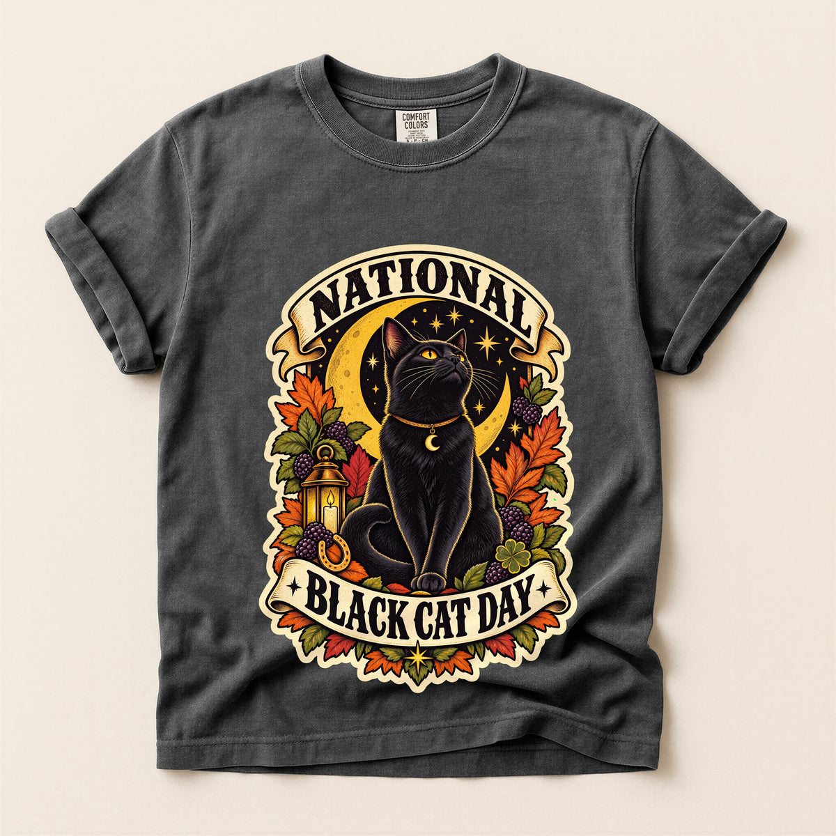 National Black Cat Day graphic tee in Pepper, flat lay