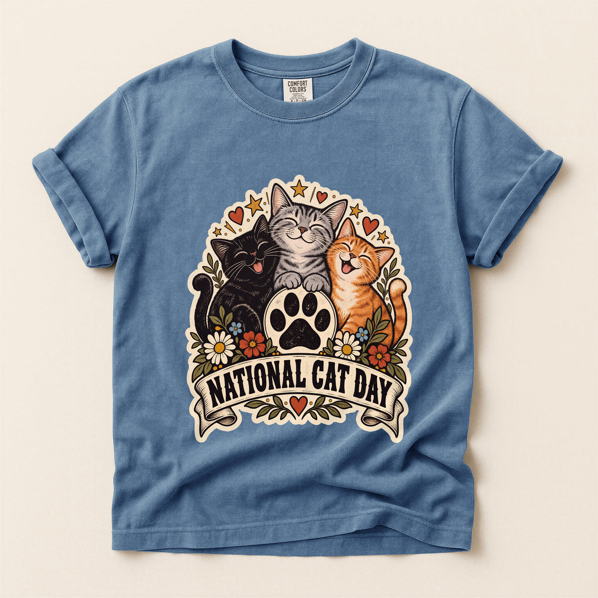 National Cat Day graphic tee in Blue Jean, flat lay
