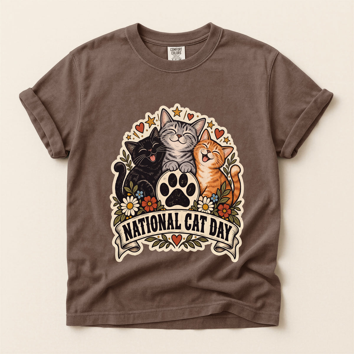 National Cat Day graphic tee in Espresso, flat lay