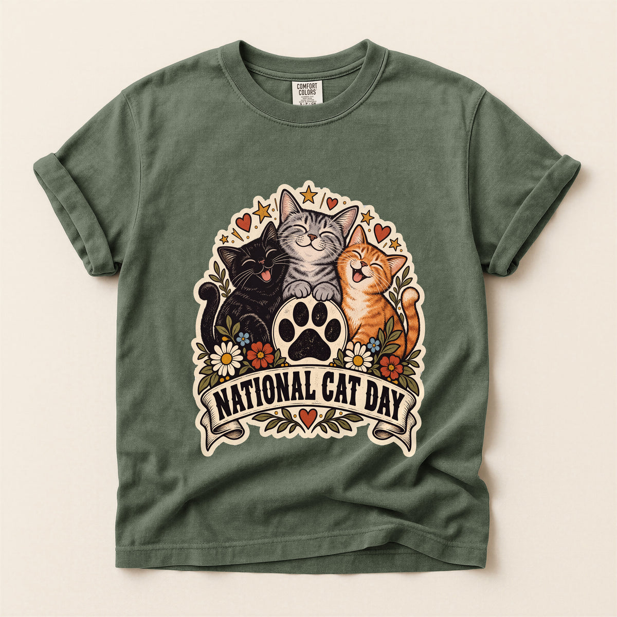 National Cat Day graphic tee in Moss, flat lay