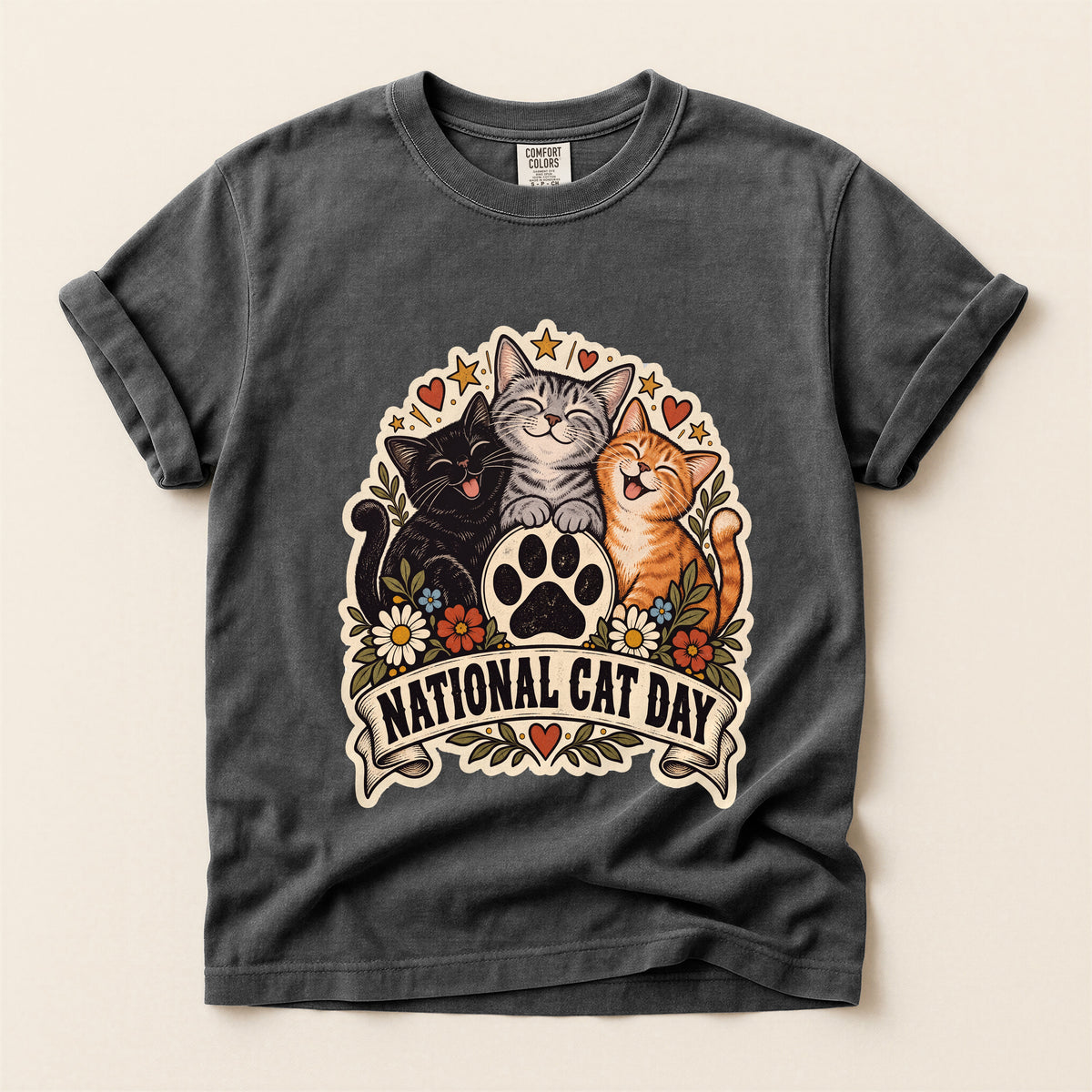 National Cat Day graphic tee in Pepper, flat lay