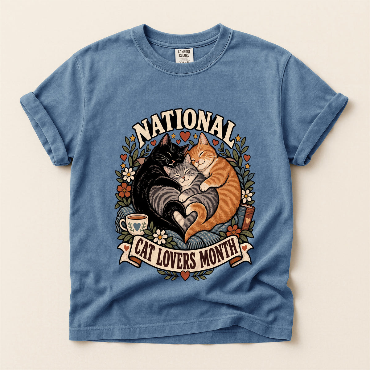 National Cat Lovers Month graphic tee in Blue Jean, flat lay