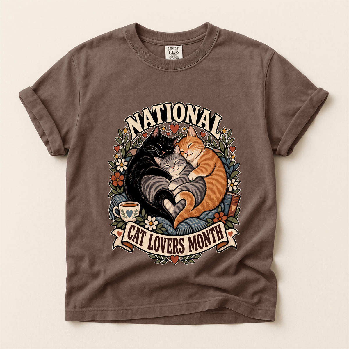 National Cat Lovers Month graphic tee in Espresso, flat lay