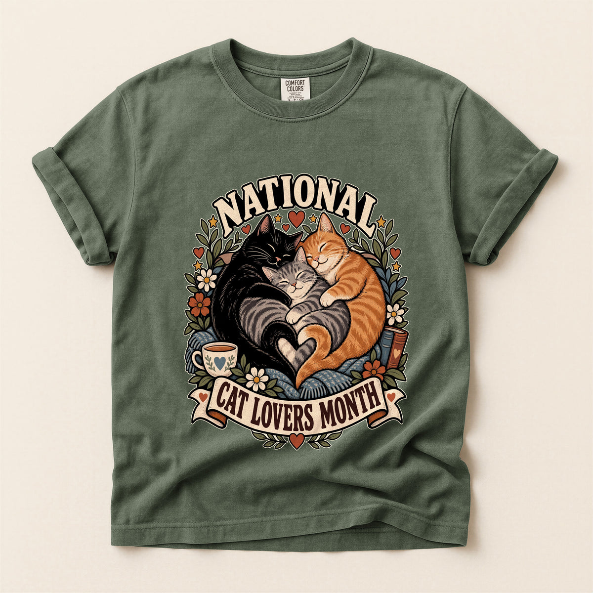 National Cat Lovers Month graphic tee in Moss, flat lay