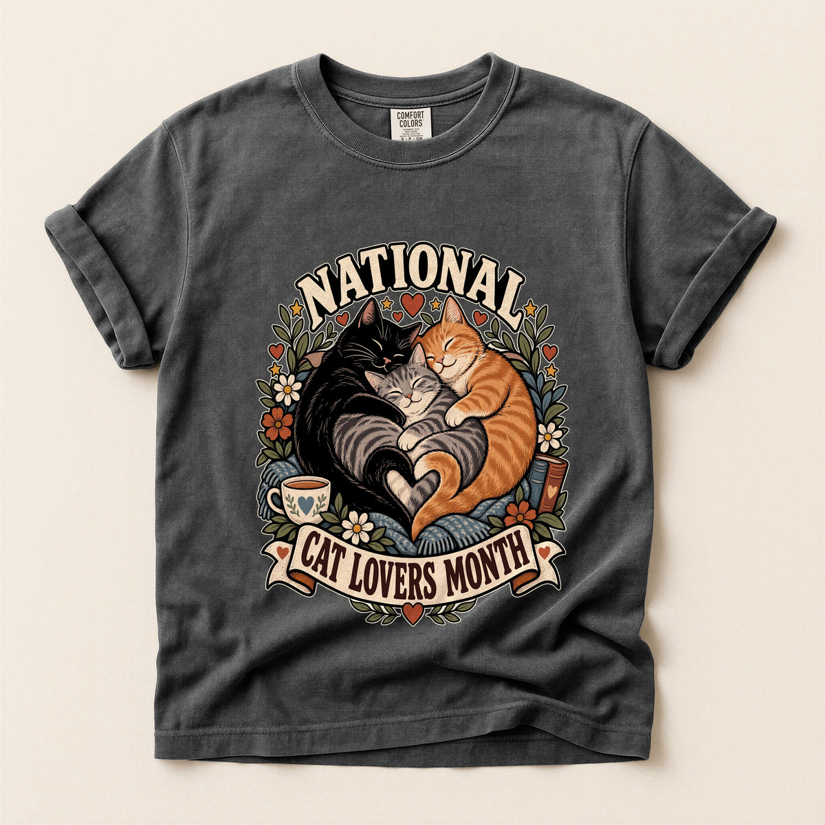 National Cat Lovers Month graphic tee in Pepper, flat lay