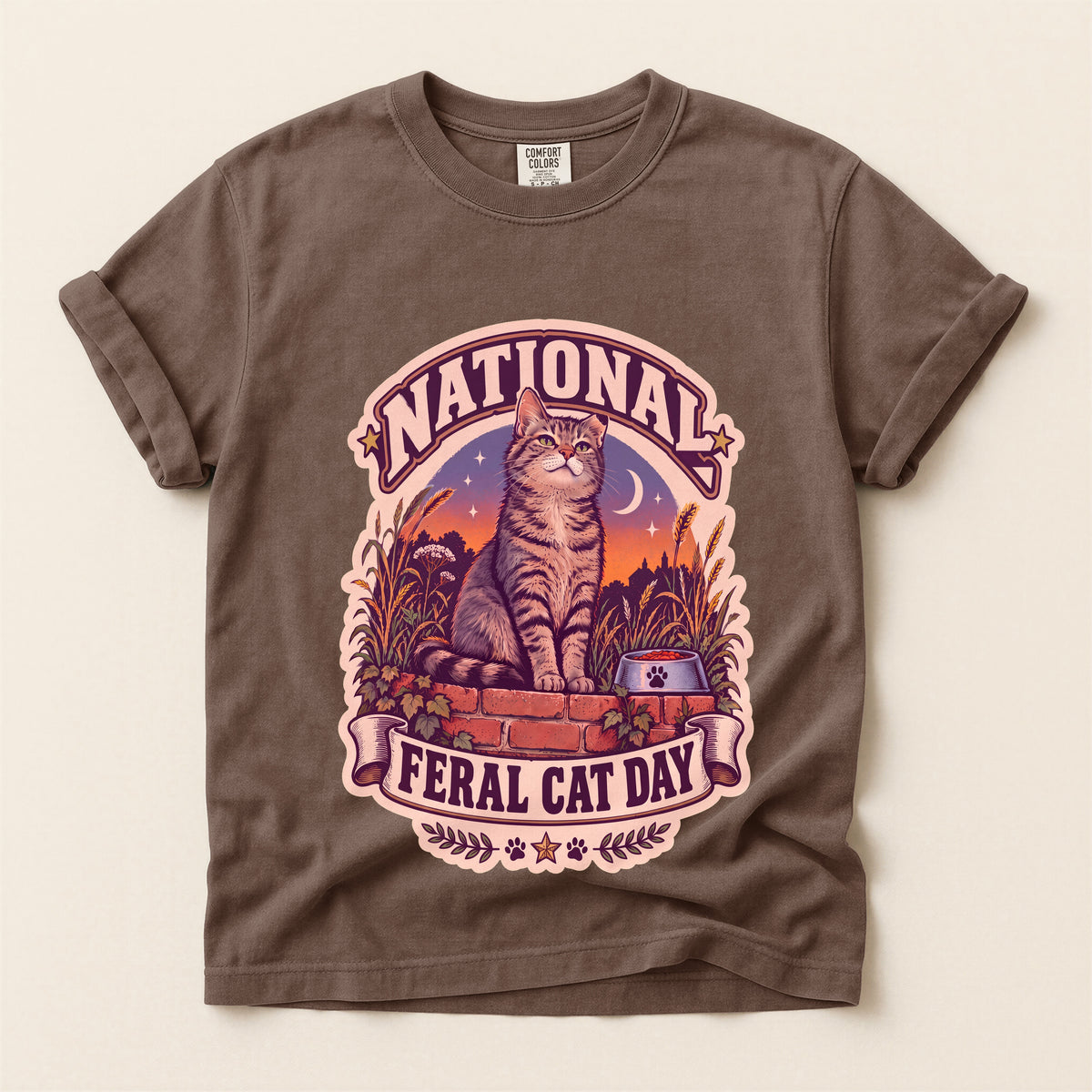 National Feral Cat Day graphic tee in Espresso, flat lay