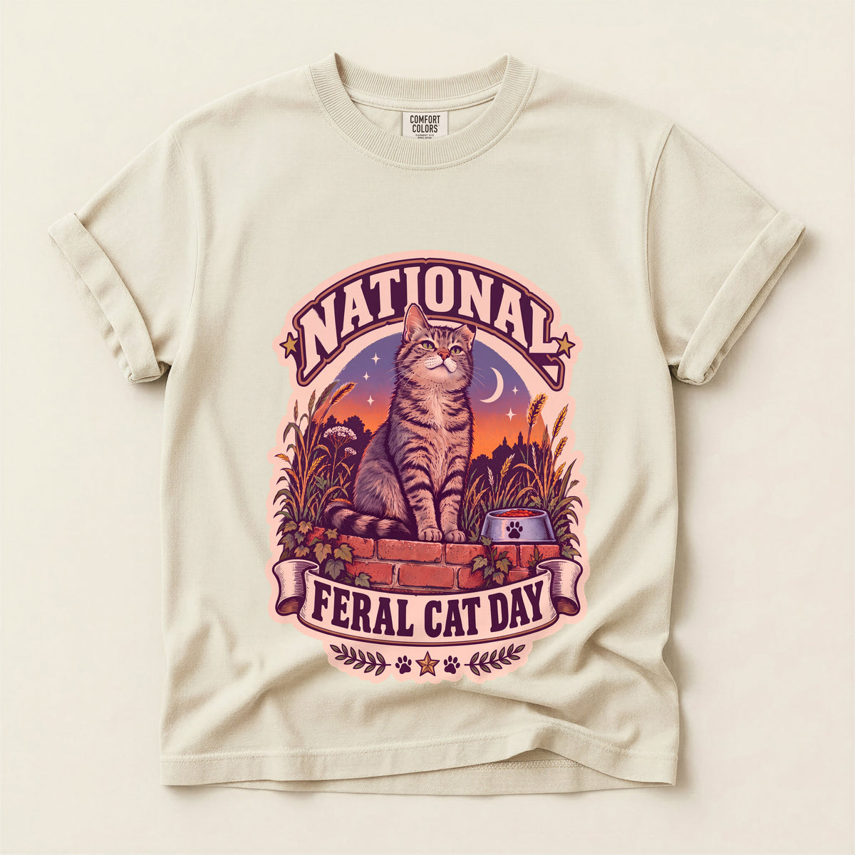 National Feral Cat Day graphic tee in Ivory, flat lay