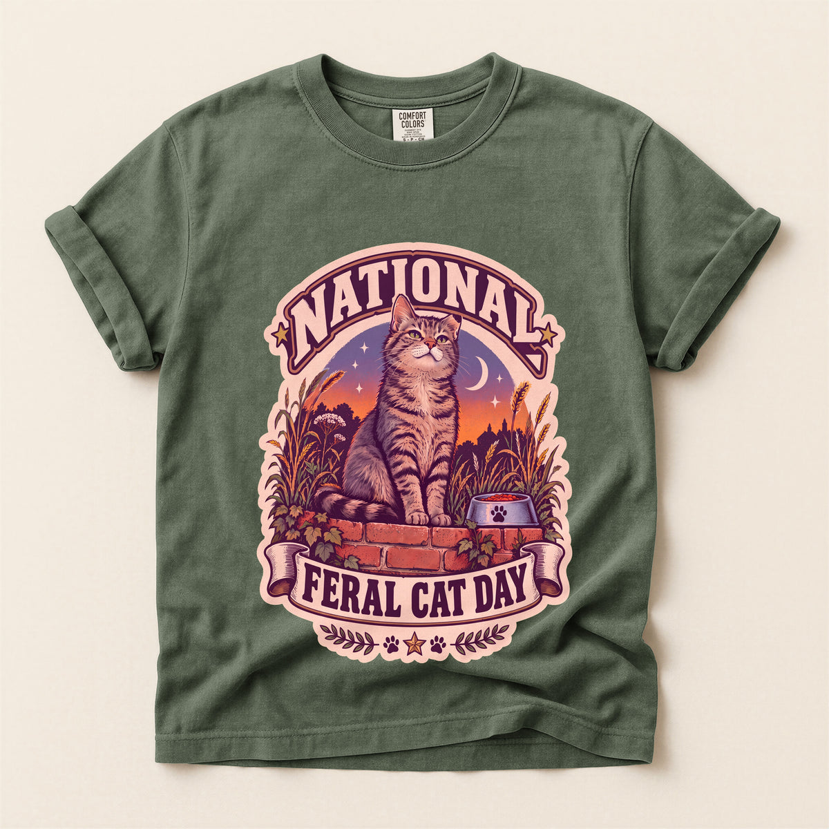 National Feral Cat Day graphic tee in Moss, flat lay