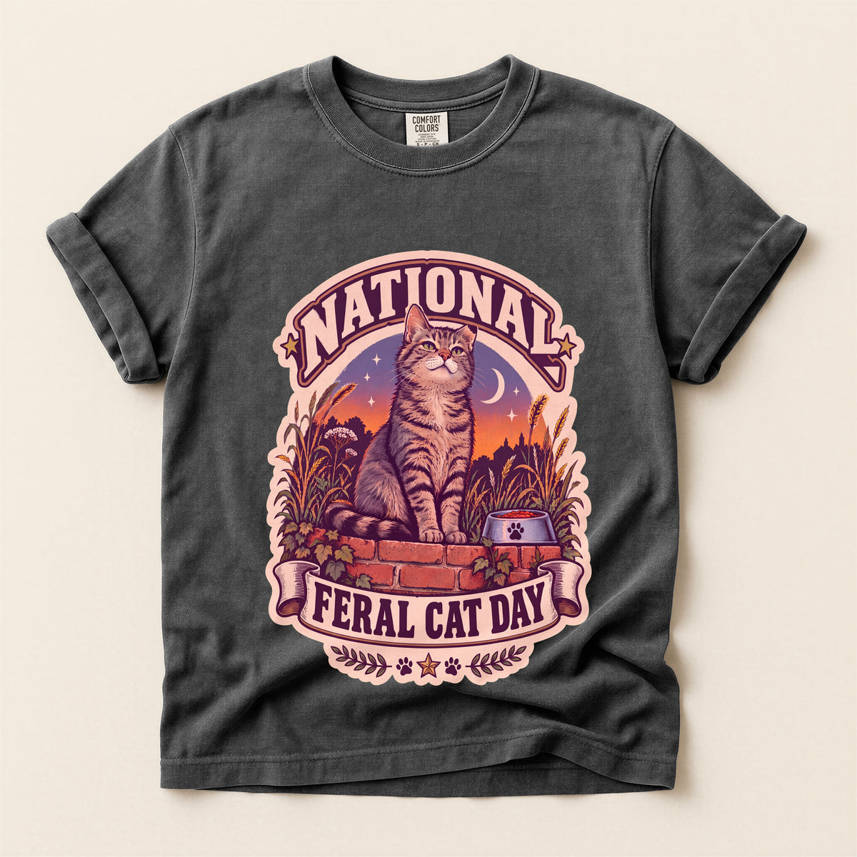 National Feral Cat Day graphic tee in Pepper, flat lay