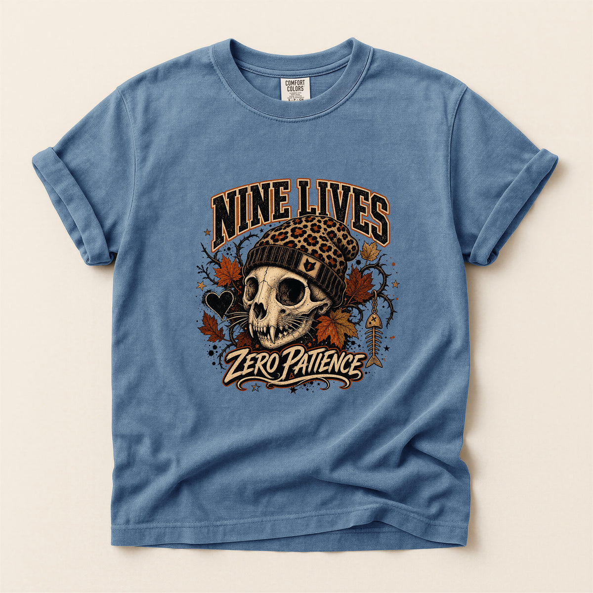 Nine Lives Zero Patience graphic tee in Blue Jean, folded flat lay