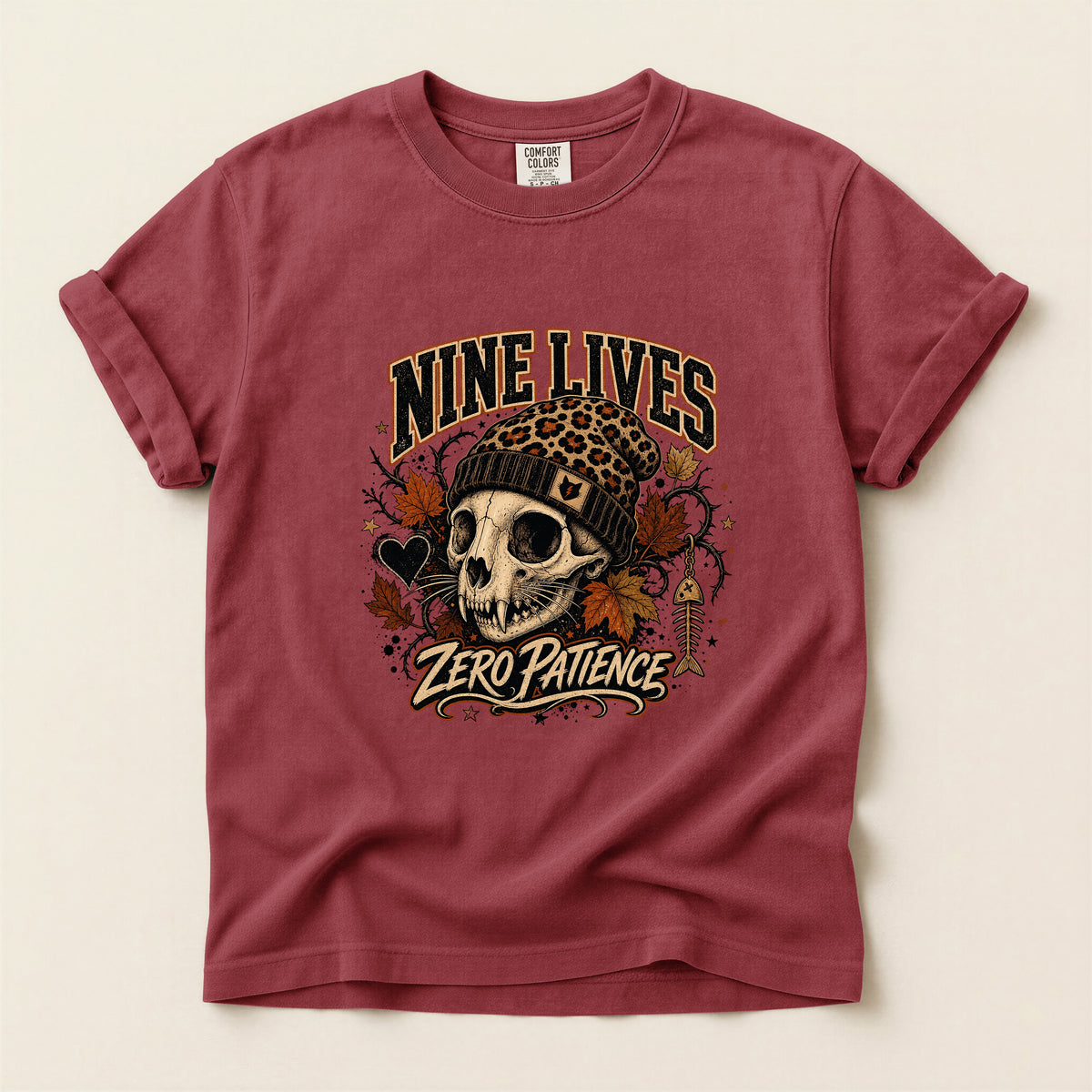 Nine Lives Zero Patience graphic tee in Brick, folded flat lay