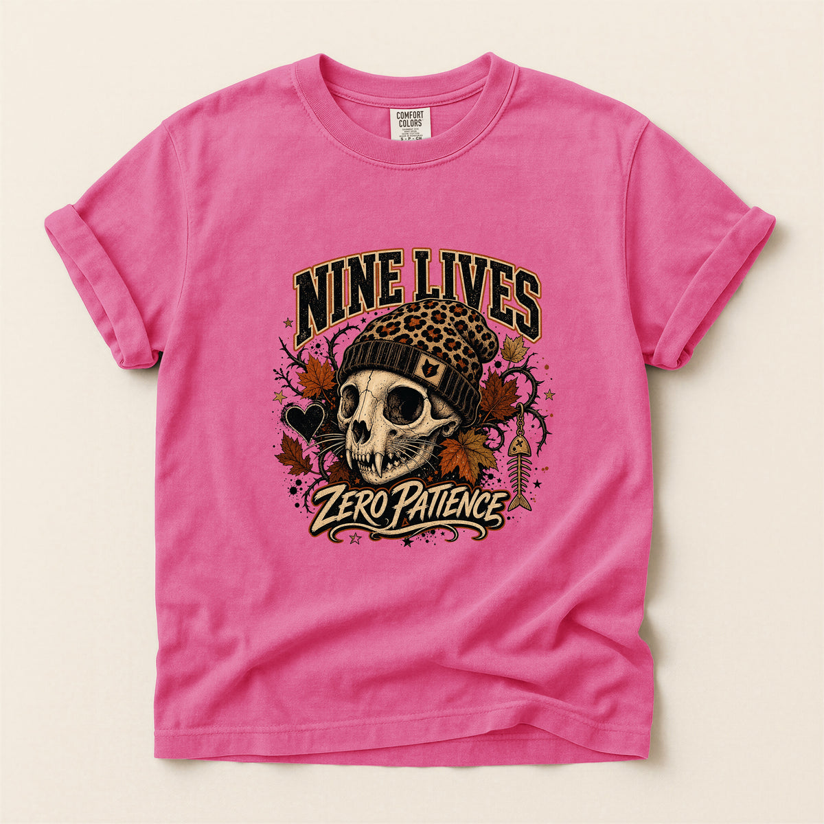 Nine Lives Zero Patience graphic tee in Crunchberry, folded flat lay