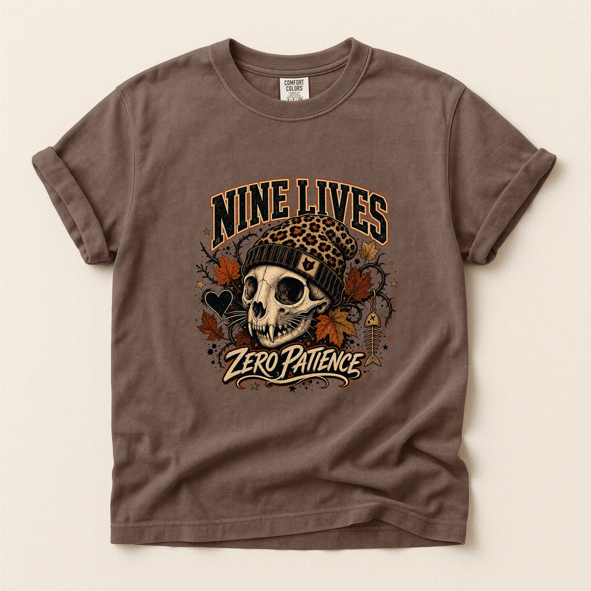 Nine Lives Zero Patience graphic tee in Espresso, folded flat lay