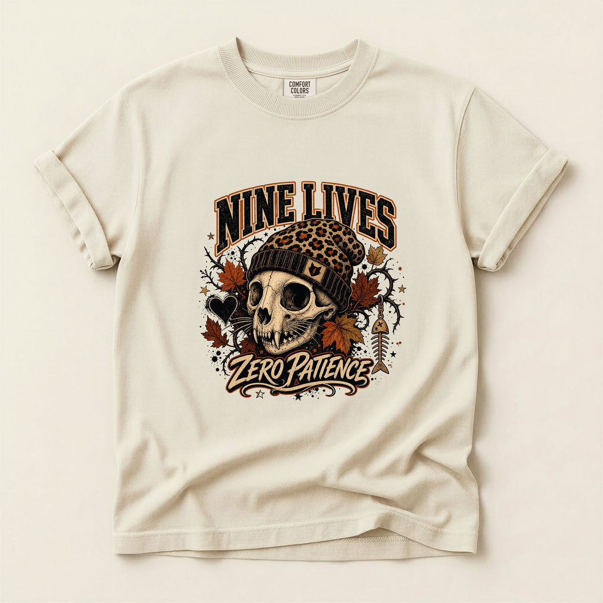Nine Lives Zero Patience graphic tee in Ivory, folded flat lay
