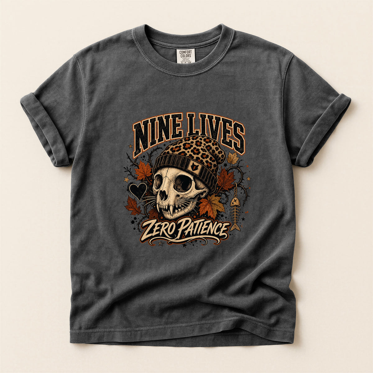 Nine Lives Zero Patience graphic tee in Pepper, folded flat lay
