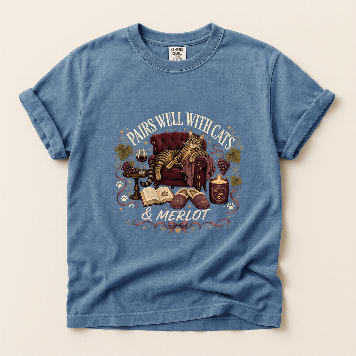Pairs Well with Cats & Merlot graphic tee in Blue Jean, flat lay