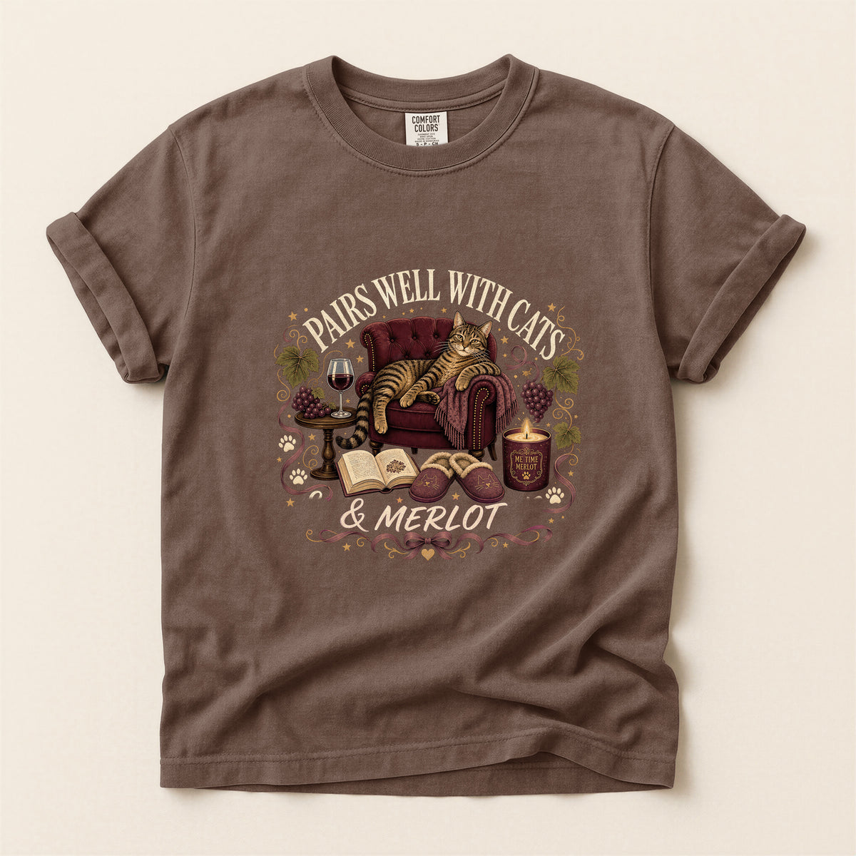 Pairs Well with Cats & Merlot graphic tee in Espresso, flat lay