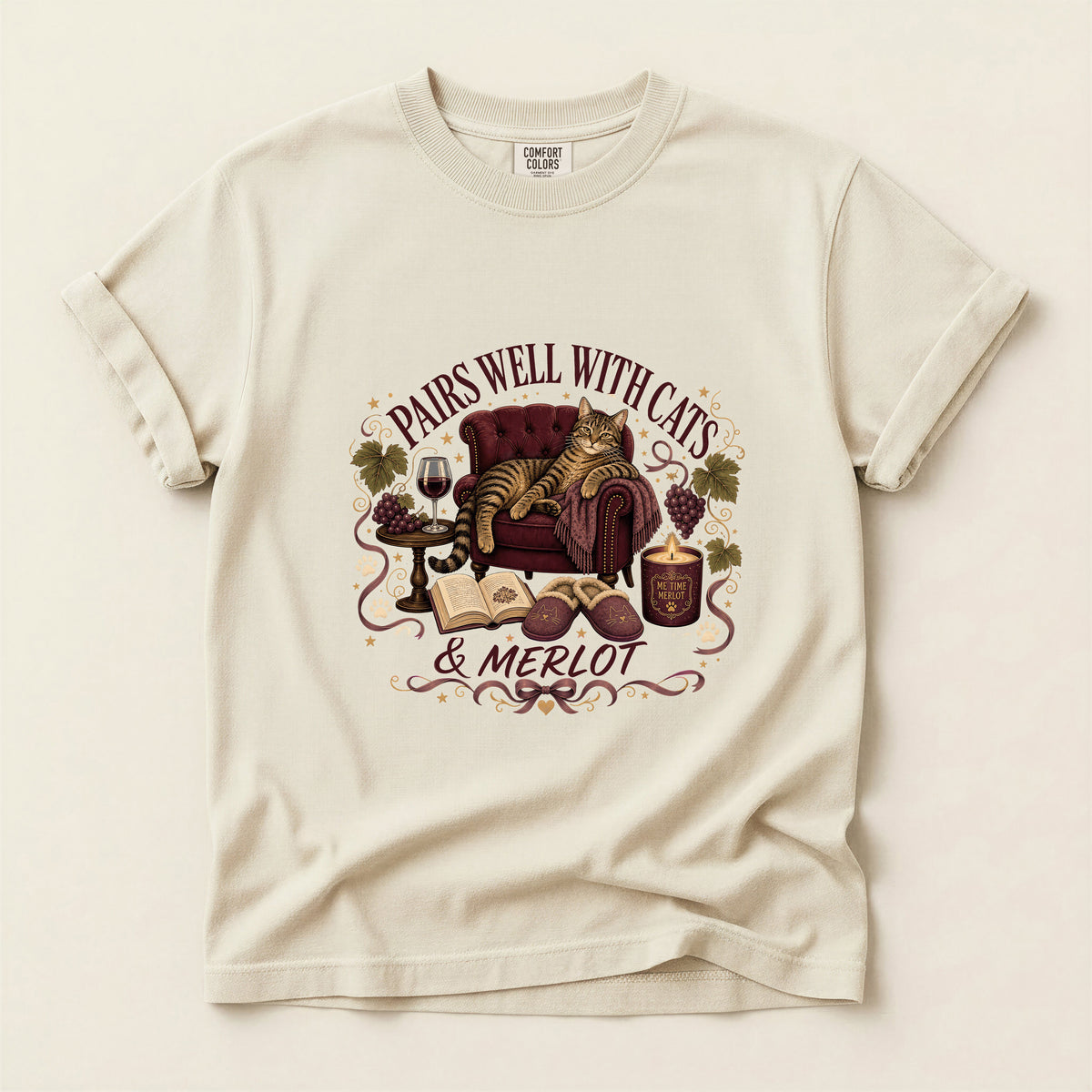 Pairs Well with Cats & Merlot graphic tee in Ivory, flat lay