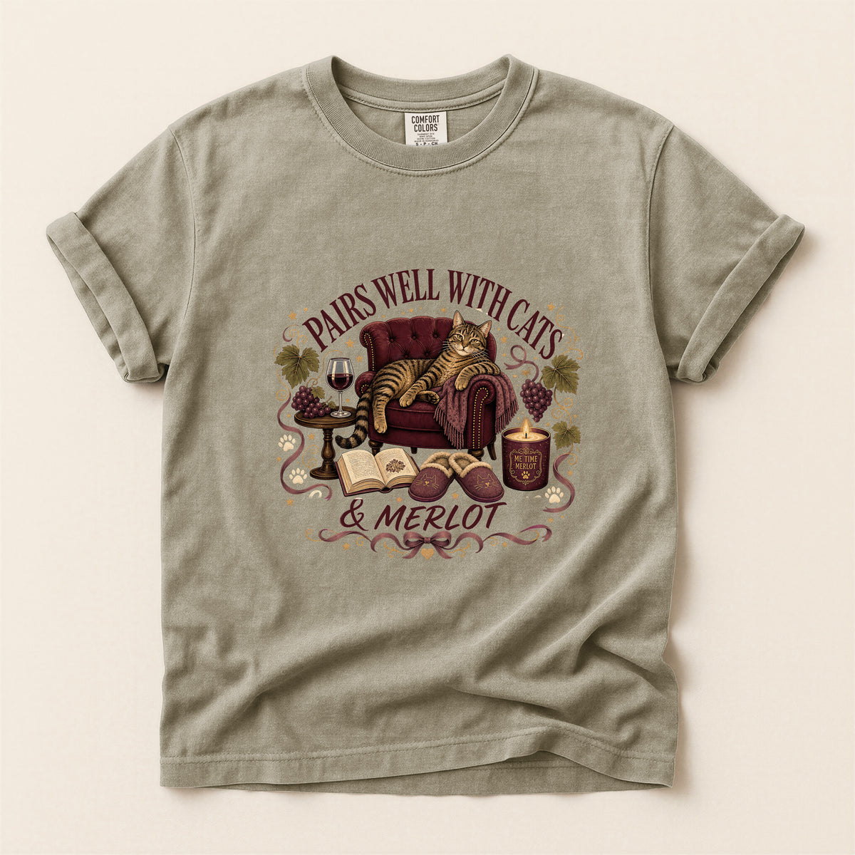 Pairs Well with Cats & Merlot graphic tee in Khaki, flat lay