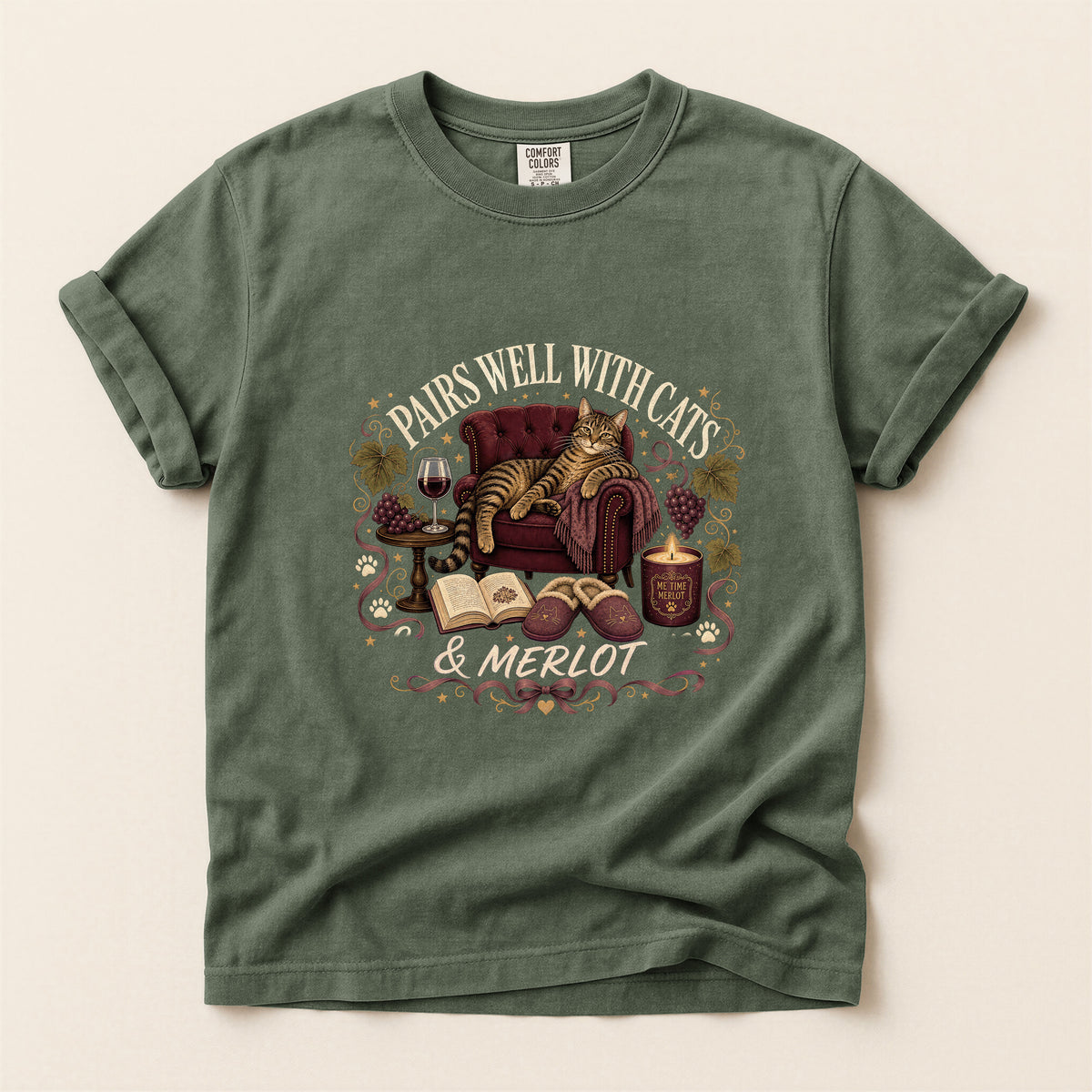 Pairs Well with Cats & Merlot graphic tee in Moss, flat lay