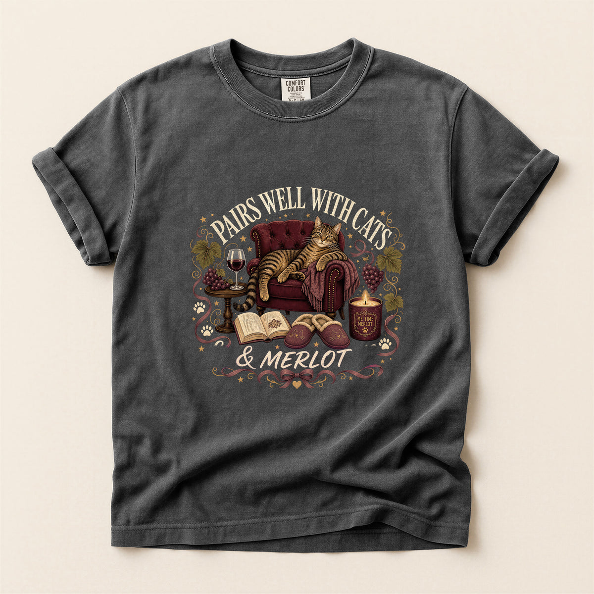 Pairs Well with Cats & Merlot graphic tee in Pepper, flat lay