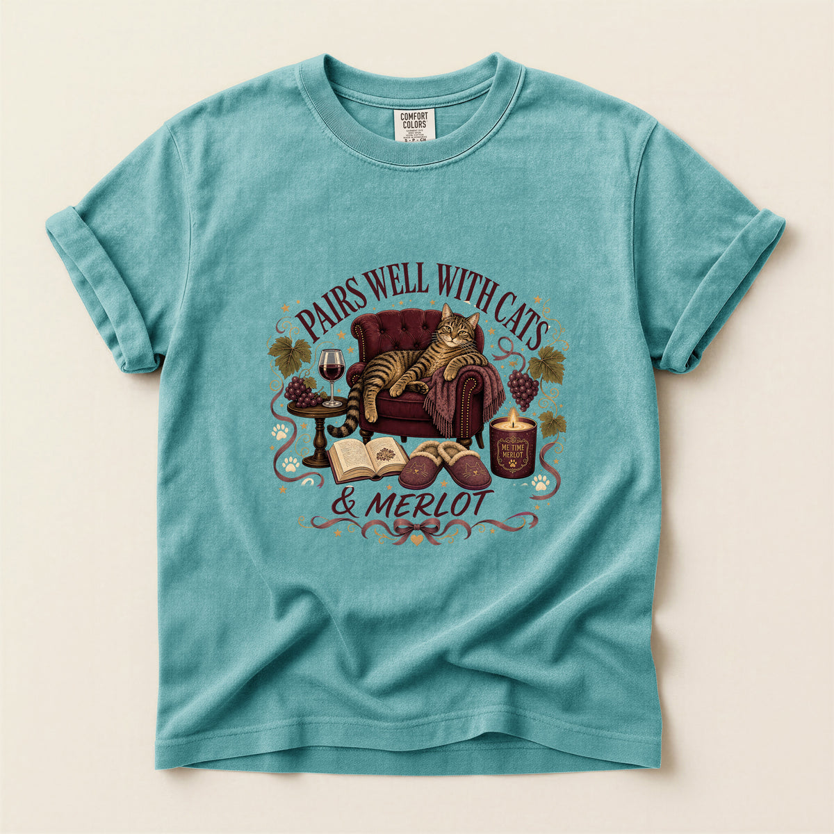 Pairs Well with Cats & Merlot graphic tee in Seafoam, flat lay