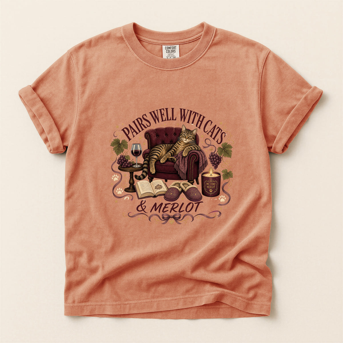 Pairs Well with Cats & Merlot graphic tee in Terracotta, flat lay
