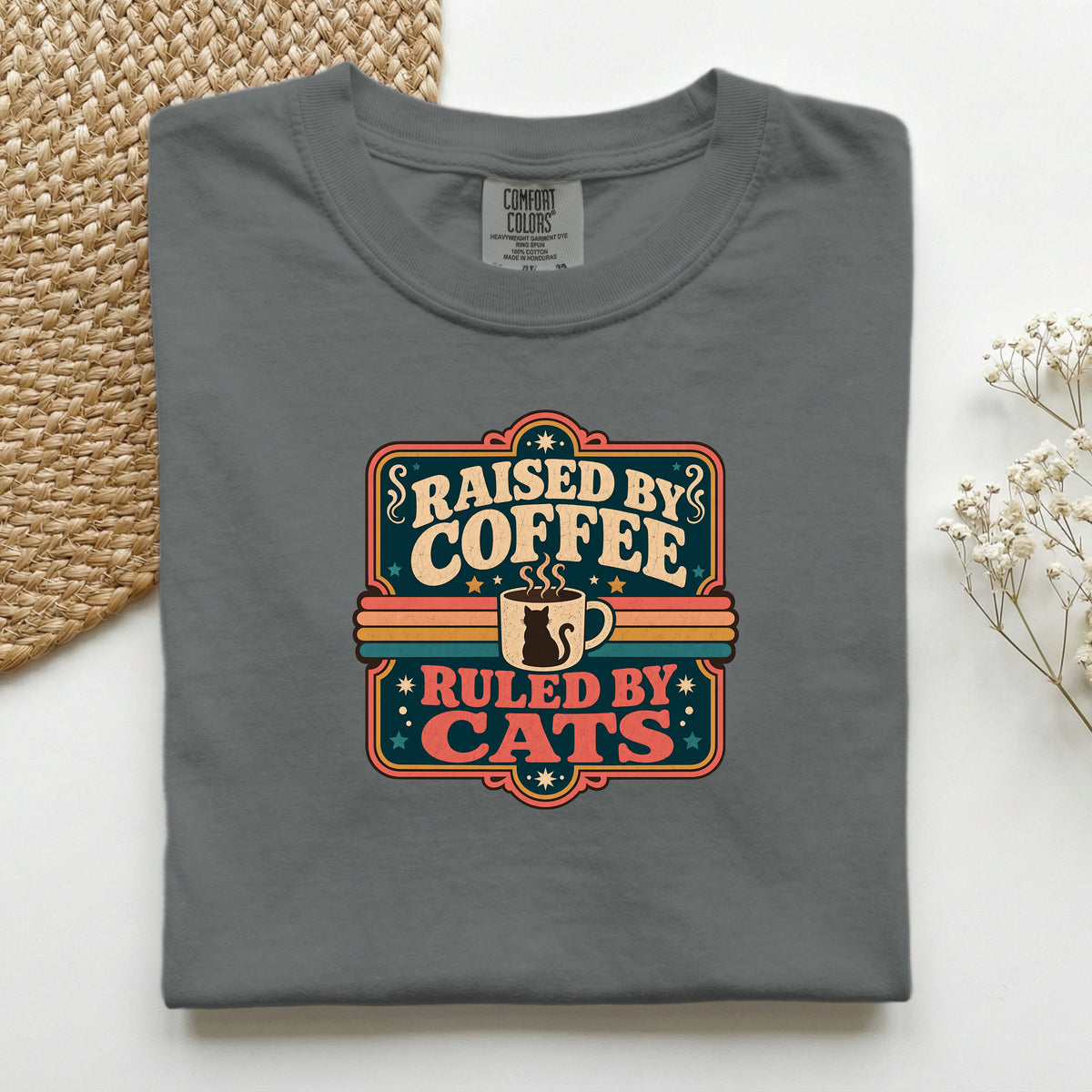 Raised By Coffee Ruled By Cats graphic tee in Pepper, folded flat lay