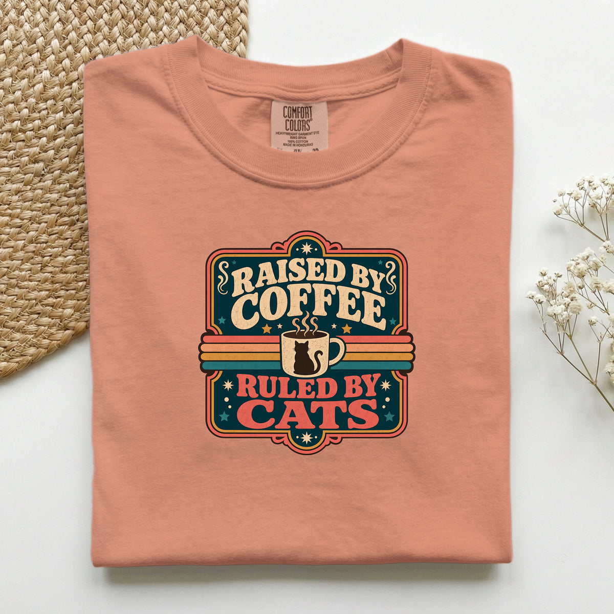 Raised By Coffee Ruled By Cats graphic tee in Terracotta, folded flat lay