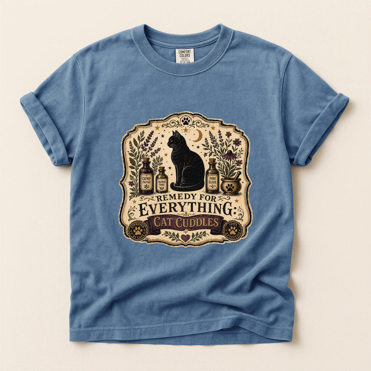 Remedy For Everything graphic tee in Blue Jean, folded flat lay