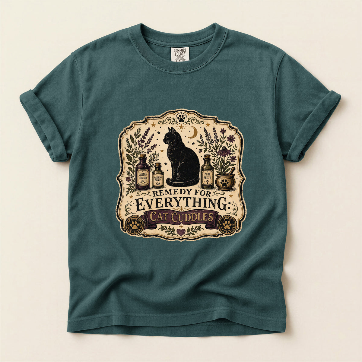 Remedy For Everything graphic tee in Blue Spruce, folded flat lay