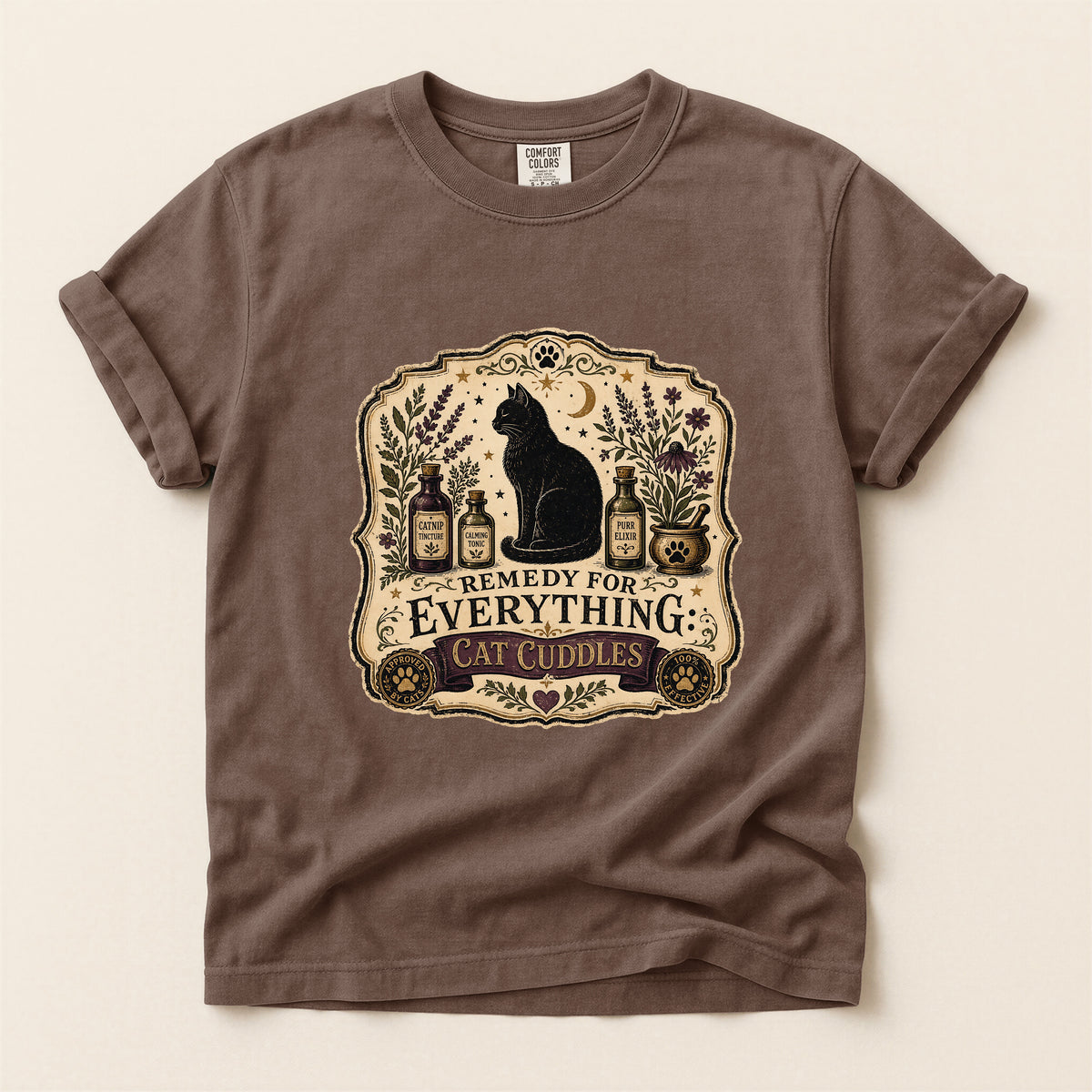 Remedy For Everything graphic tee in Espresso, folded flat lay
