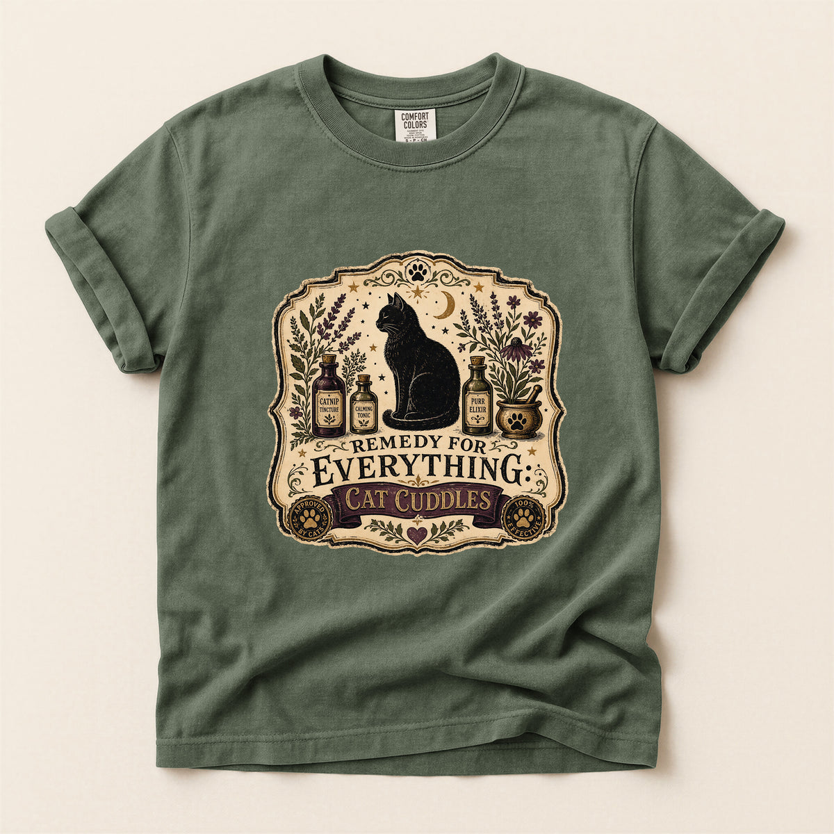 Remedy For Everything graphic tee in Moss, folded flat lay