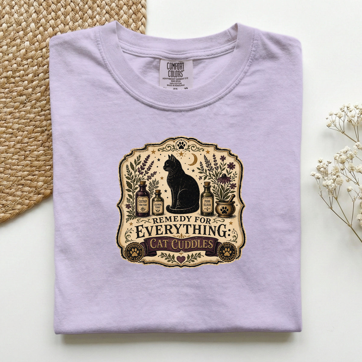 Remedy For Everything graphic tee in Orchid, folded flat lay