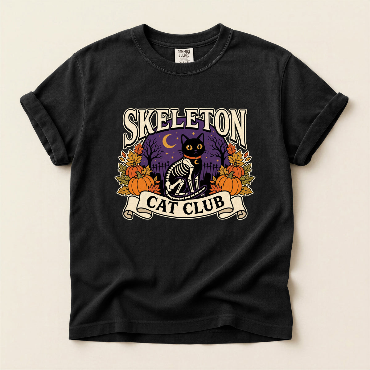 Skeleton Cat Club graphic tee in Black, flat lay
