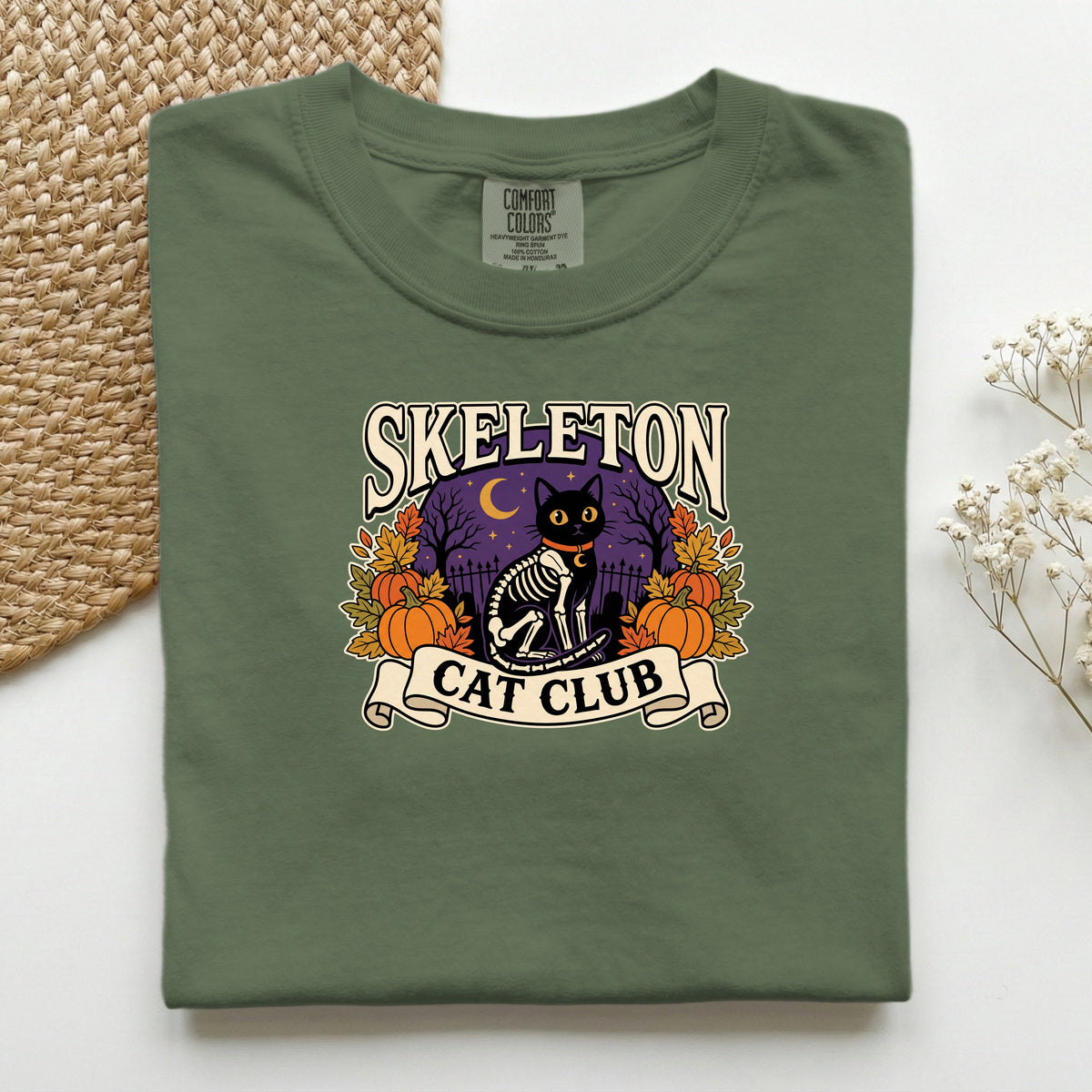 Skeleton Cat Club graphic tee in Hemp, folded flat lay