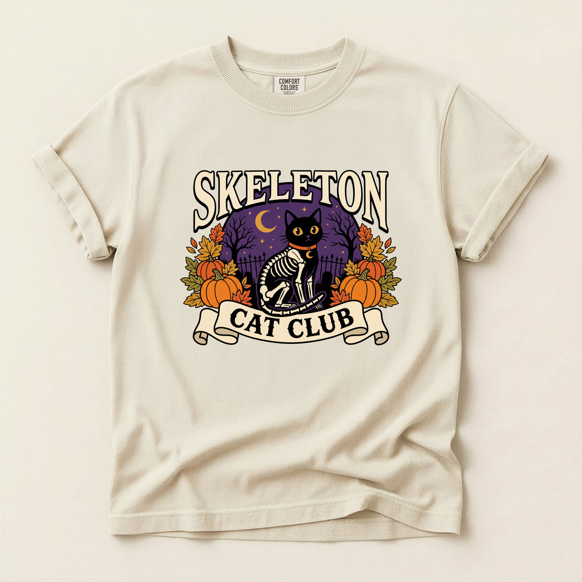 Skeleton Cat Club graphic tee in Ivory, flat lay