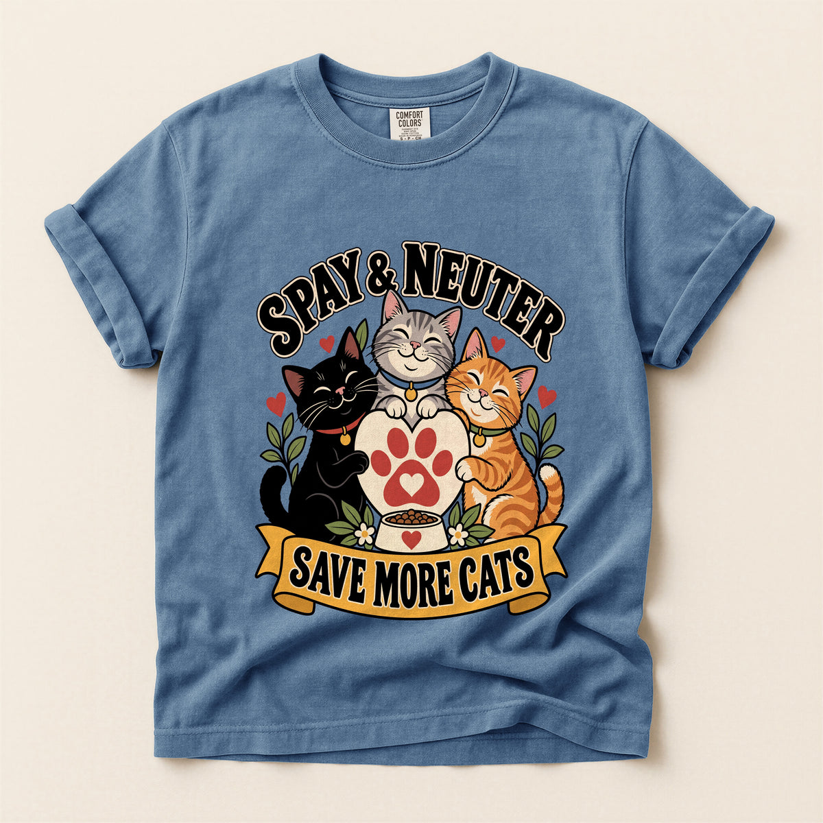 Spay & Neuter Save More Cats graphic tee in Blue Jean, flat lay
