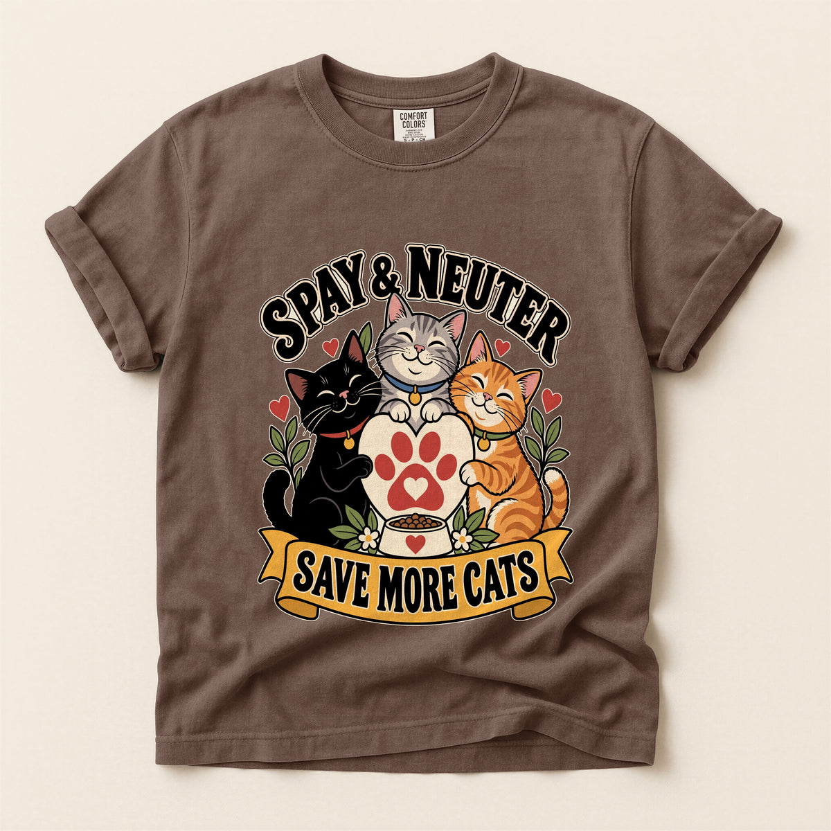 Spay & Neuter Save More Cats graphic tee in Espresso, flat lay