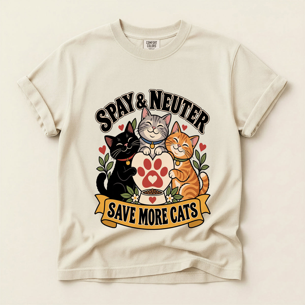 Spay & Neuter Save More Cats graphic tee in Ivory, flat lay