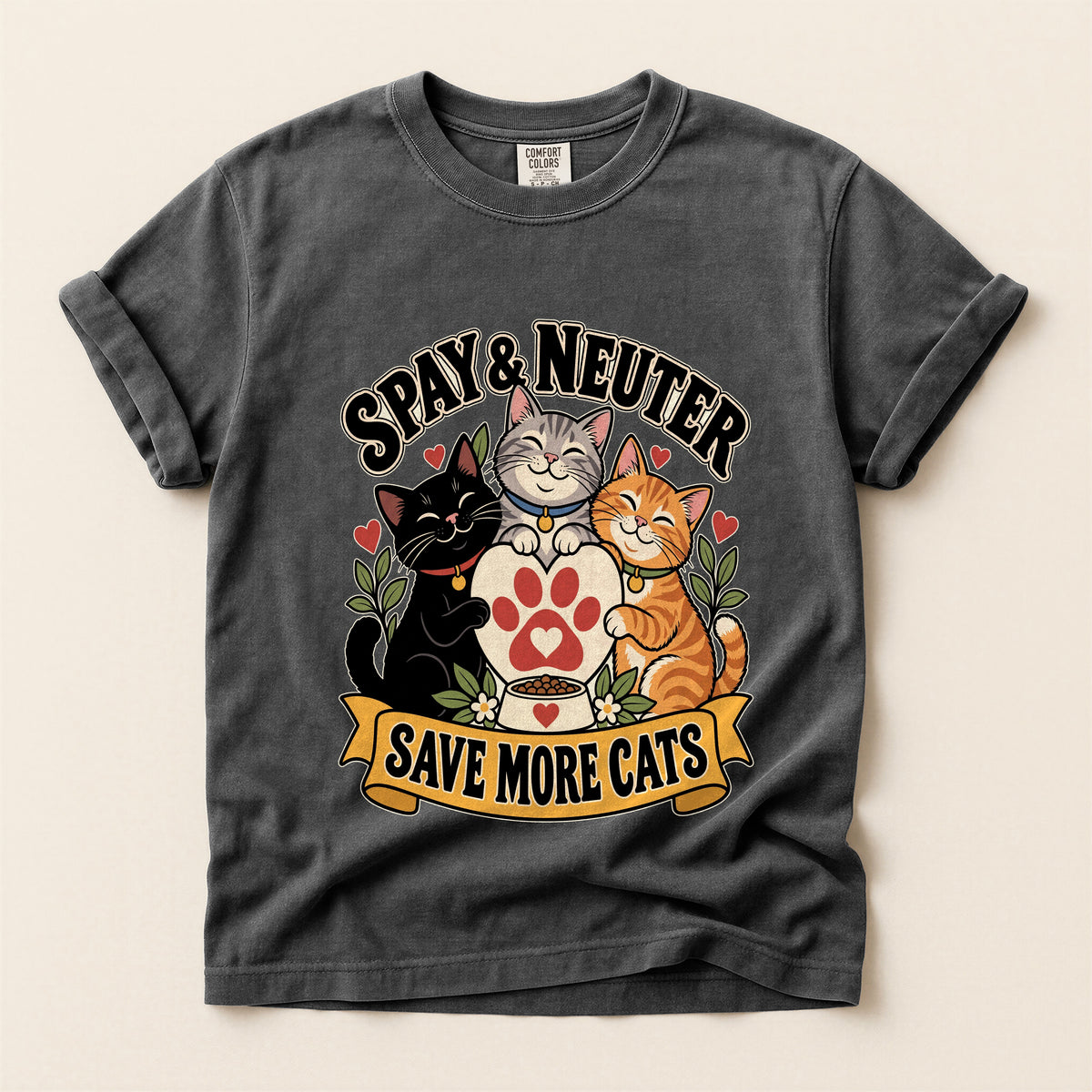 Spay & Neuter Save More Cats graphic tee in Pepper, flat lay
