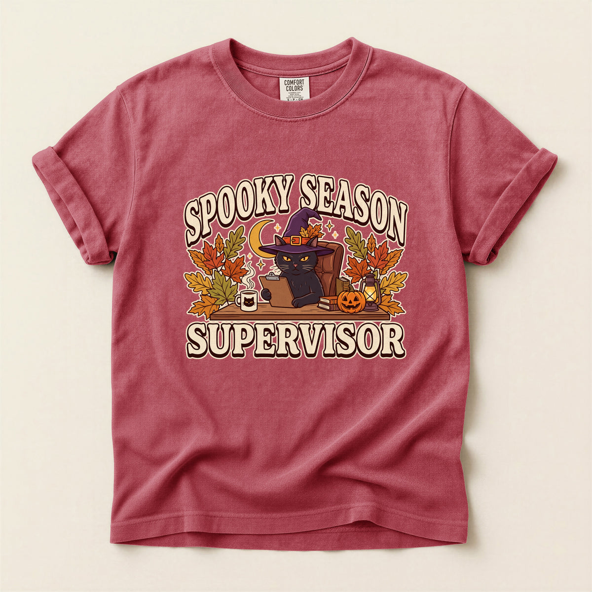 Spooky Season Supervisor graphic tee in Crimson, flat lay