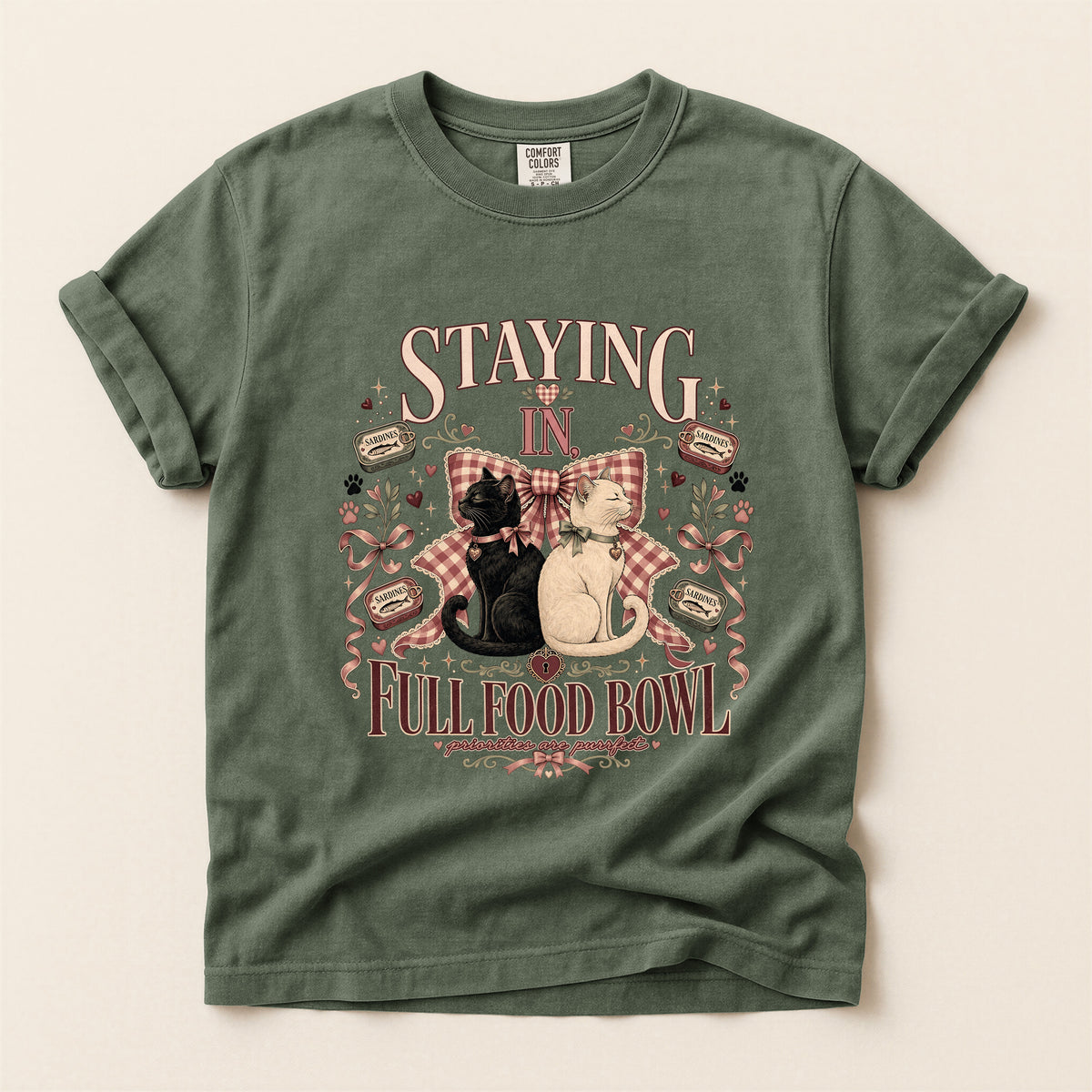Staying In, Full Food Bowl graphic tee in Moss, flat lay