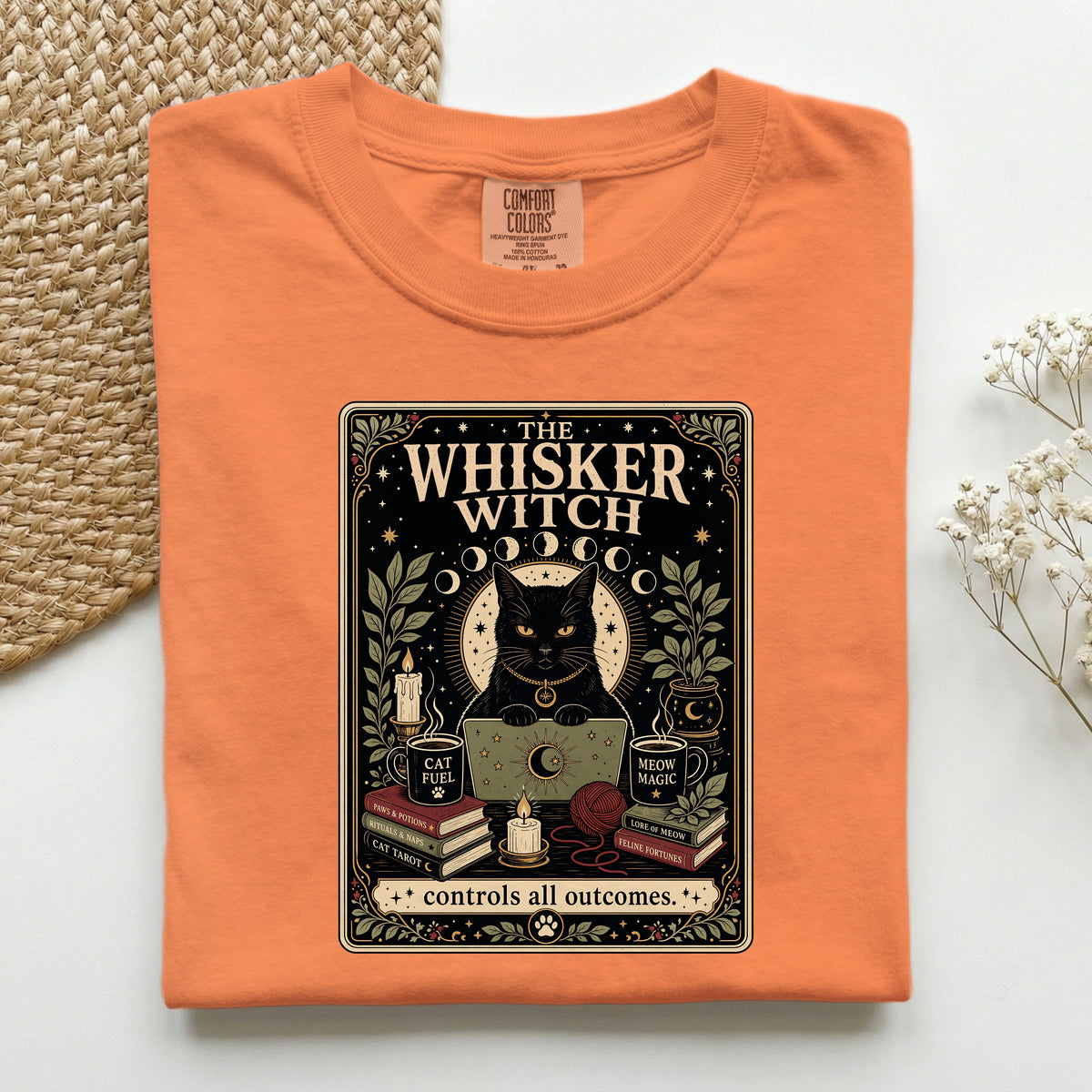 The Whisker Witch graphic tee in Burnt Orange, folded flat lay