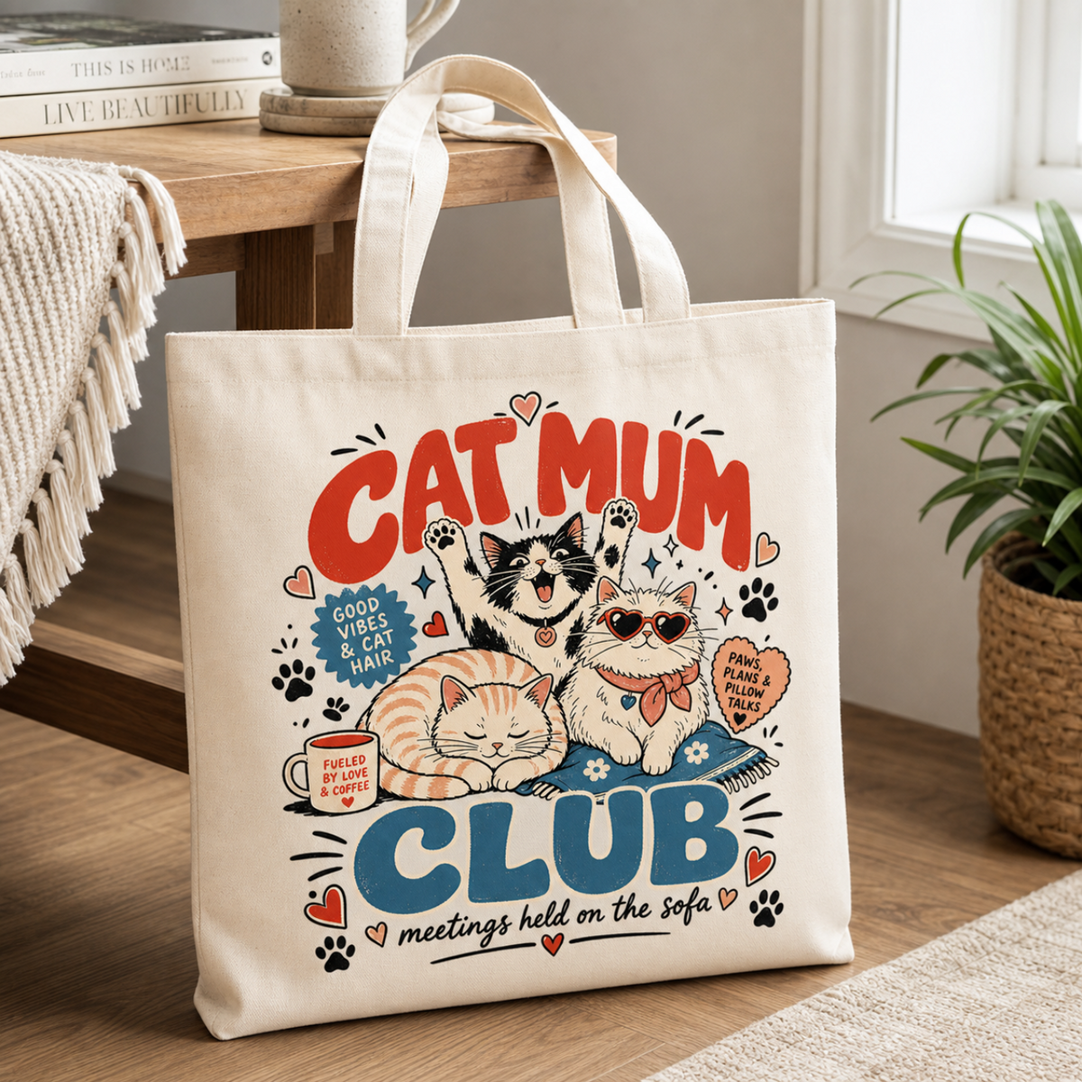 Cat Mum Club tote bag, flat lay leaning against wooden furniture