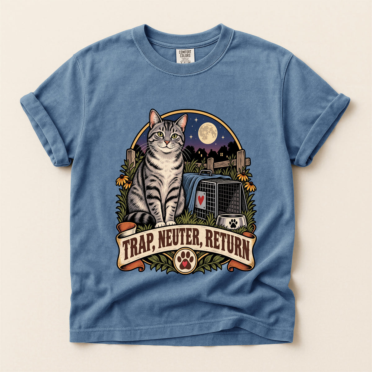Trap, Neuter, Return graphic tee in Blue Jean, flat lay